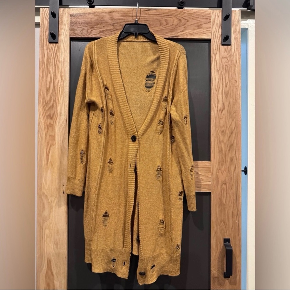 Mustard Distressed Open-Front Cardigan Sweater